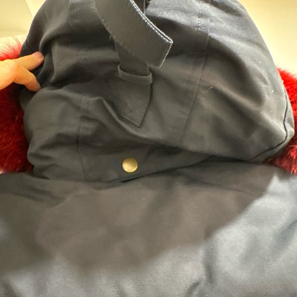 Moose Knuckles Navy Jacket with Red Fur Trim - Picture 5 of 11